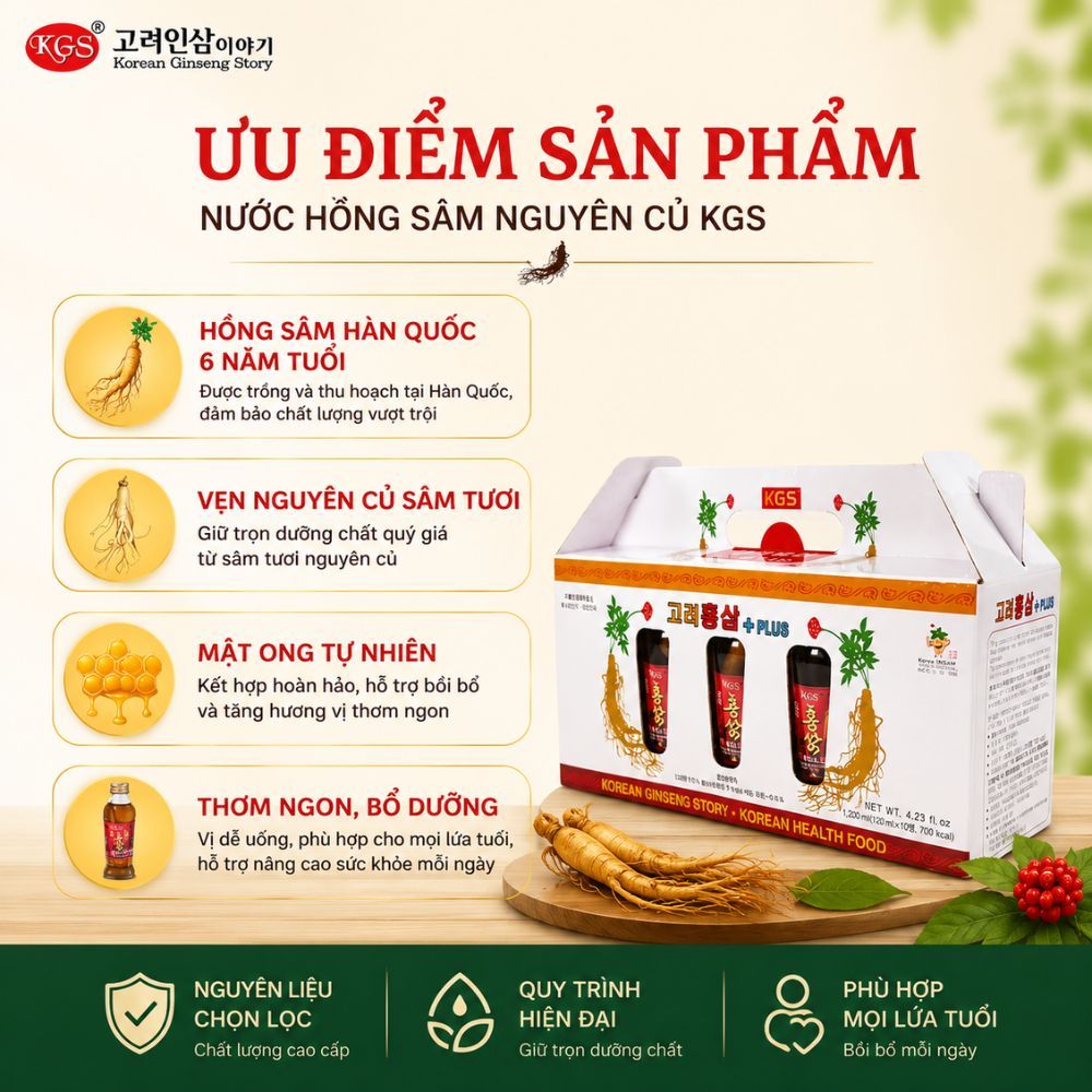 KGS nước hồng sâm Hàn Quốc có củ 120ml - hồng sâm nguyên củ cao cấp chính hãng Combo 10 Chai