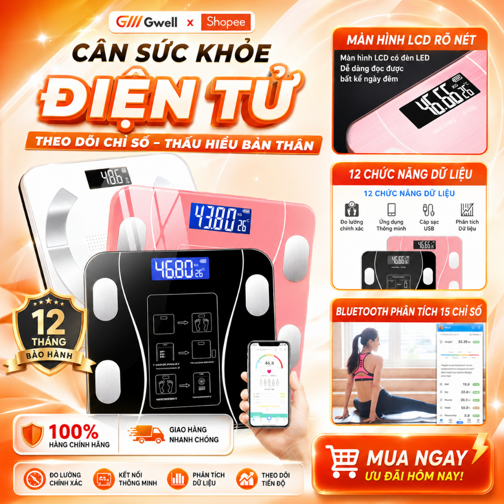 Cân Điện Tử Sức Khỏe Sạc USB Kết Nối Bluetooth Phân Tích Chỉ Số Cơ Thể Trọng Lượng Tối Đa 180kg
