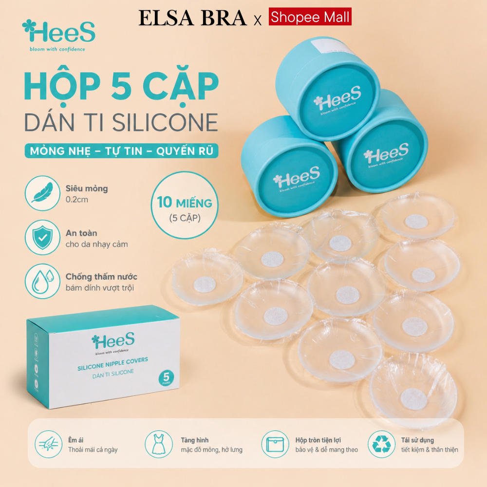 Hộp 5 Cặp Miếng Dán Ngực Silicon Trong Suốt Che Nhũ Hoa Siêu Mỏng Tái Sử Dụng Nhiều Lần ELSA BRA H999