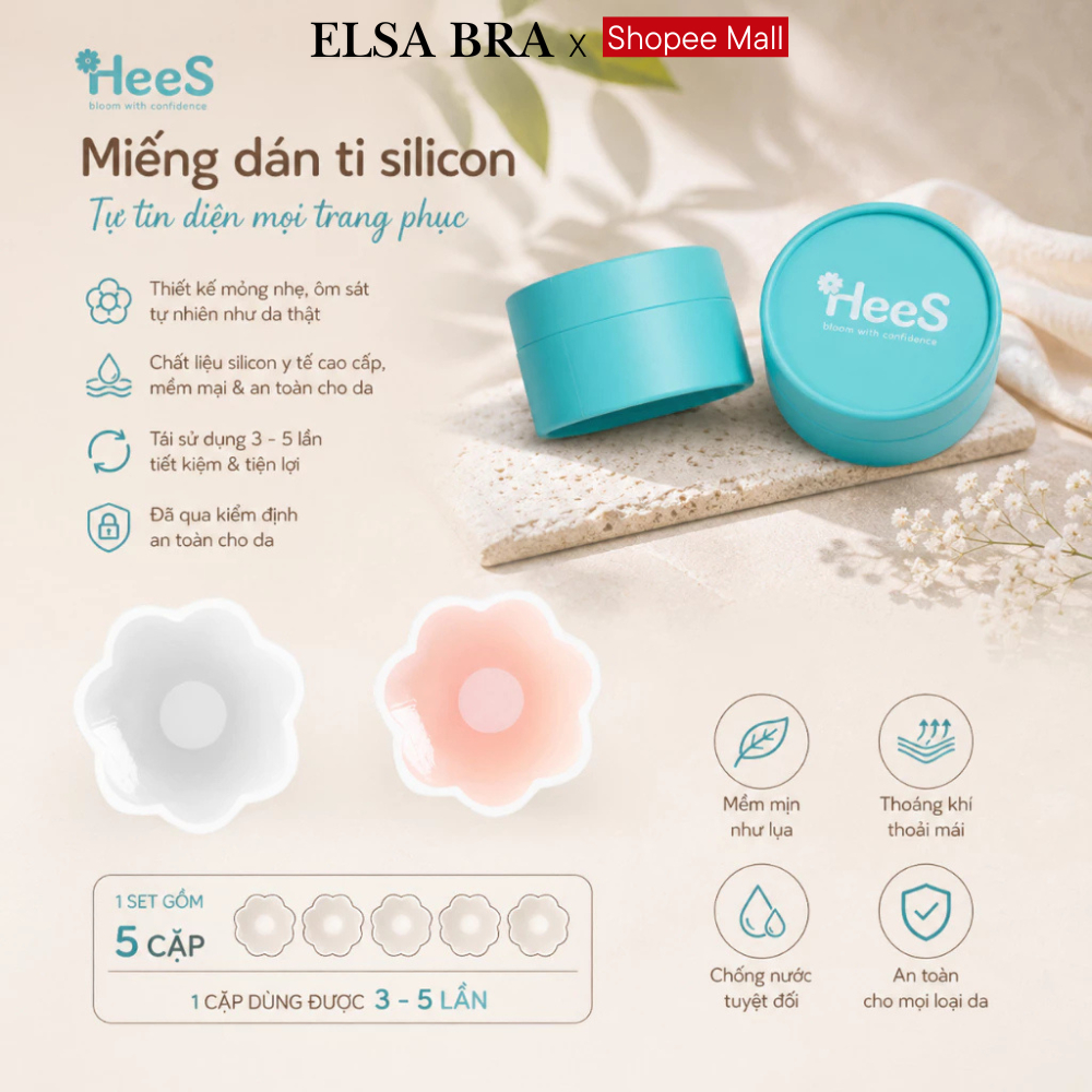Hộp 5 Cặp Miếng Dán Ngực Silicon Trong Suốt Che Nhũ Hoa Siêu Mỏng Tái Sử Dụng Nhiều Lần ELSA BRA H999