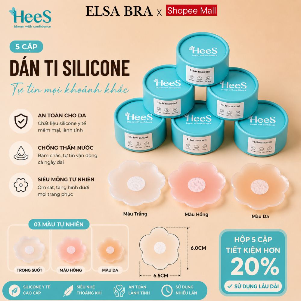 Hộp 5 Cặp Miếng Dán Ngực Silicon Trong Suốt Che Nhũ Hoa Siêu Mỏng Tái Sử Dụng Nhiều Lần ELSA BRA H999