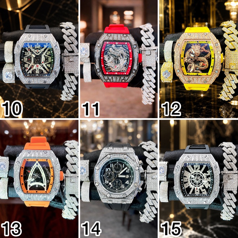 [COMBO 4] Bộ 4 món dây da đồng hồ vòng tay 2 nhẫn đính đá - H15