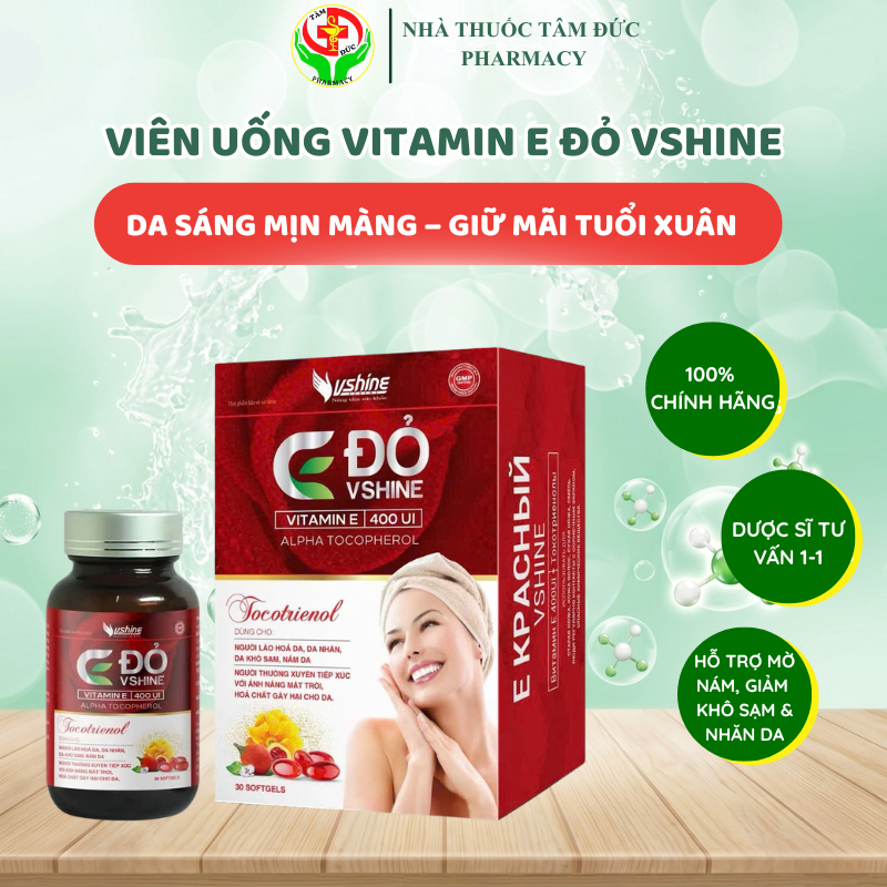 Vitamin E Đỏ VShine - Ngăn Ngừa Lão Hóa, Giảm Nám & Làm Đẹp Da (Lọ 30 Viên)
