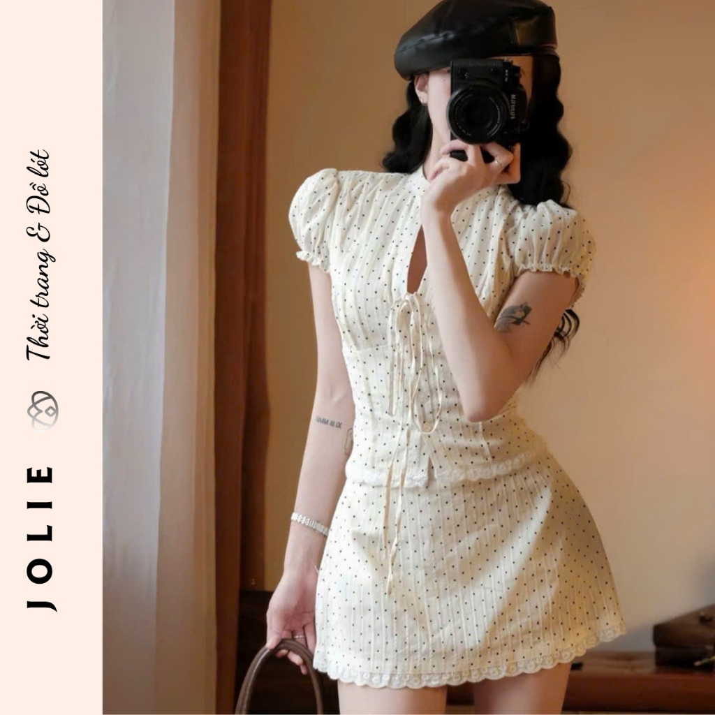 Set Đồ Jolie Áo Tay Phồng Phối Chân Váy Ngắn Xòe Xinh Xắn