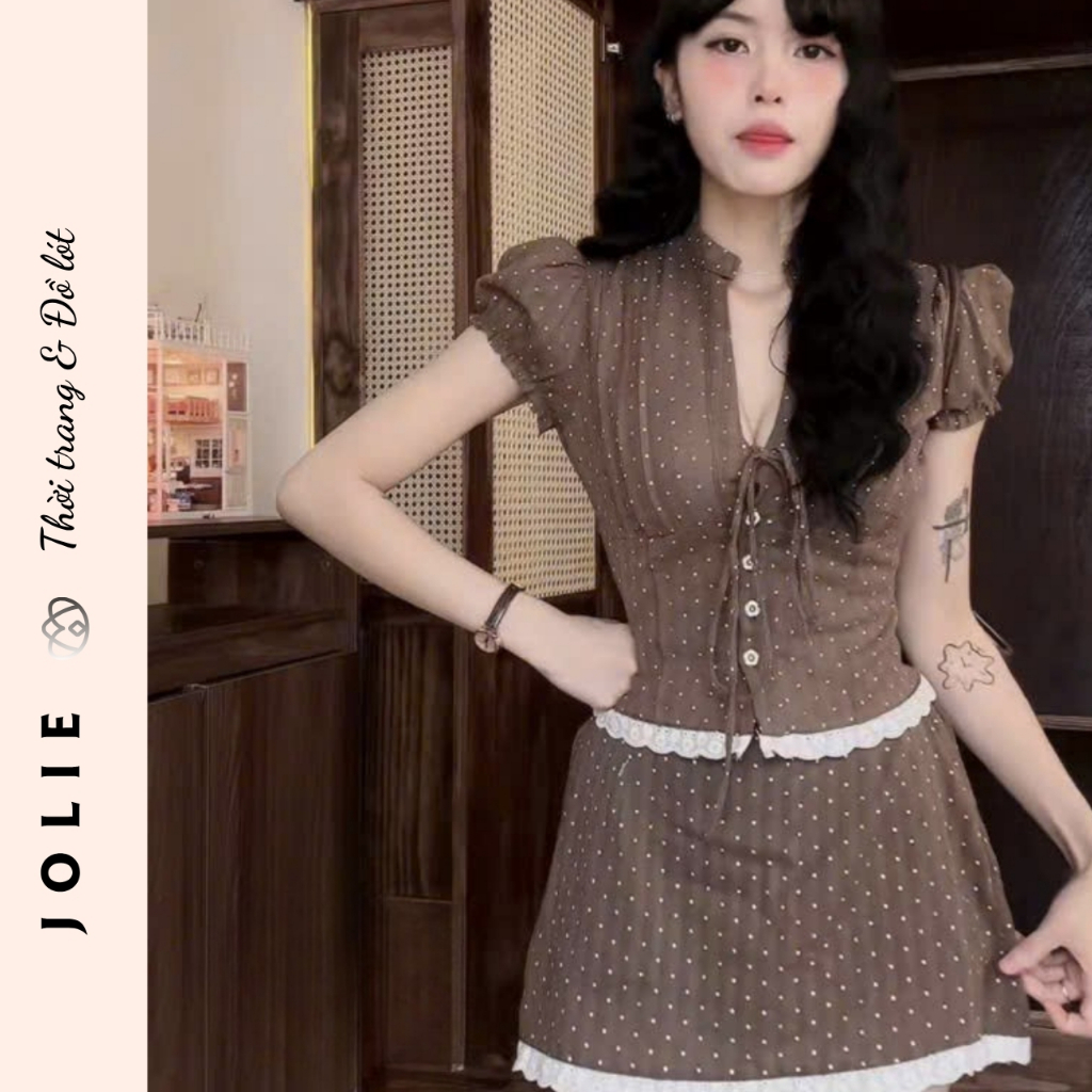 Set Đồ Jolie Áo Tay Phồng Phối Chân Váy Ngắn Xòe Xinh Xắn