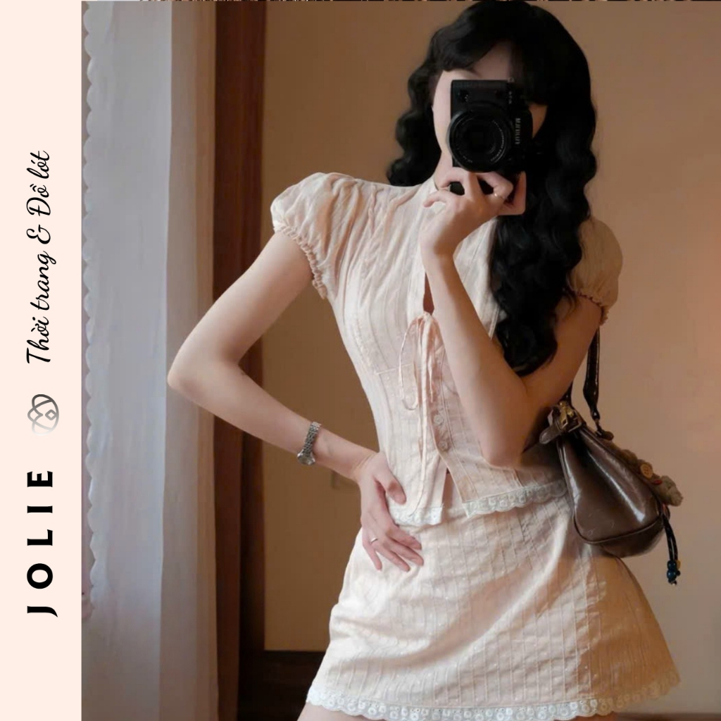 Set Đồ Jolie Áo Tay Phồng Phối Chân Váy Ngắn Xòe Xinh Xắn