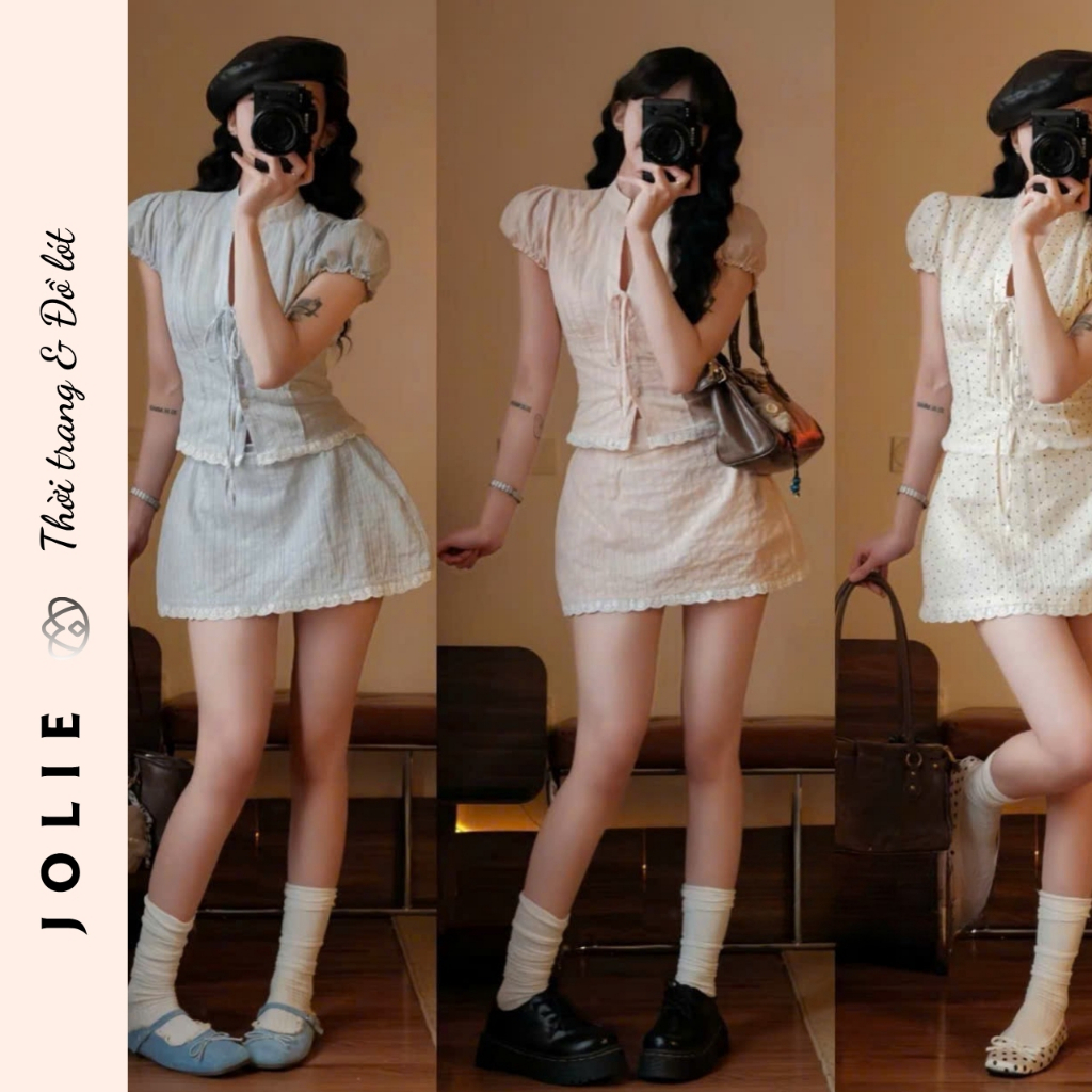 Set Đồ Jolie Áo Tay Phồng Phối Chân Váy Ngắn Xòe Xinh Xắn
