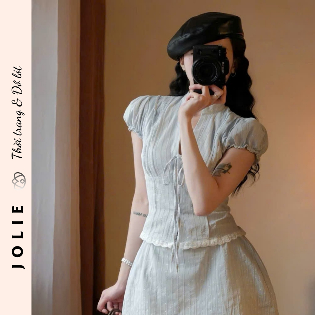 Set Đồ Jolie Áo Tay Phồng Phối Chân Váy Ngắn Xòe Xinh Xắn