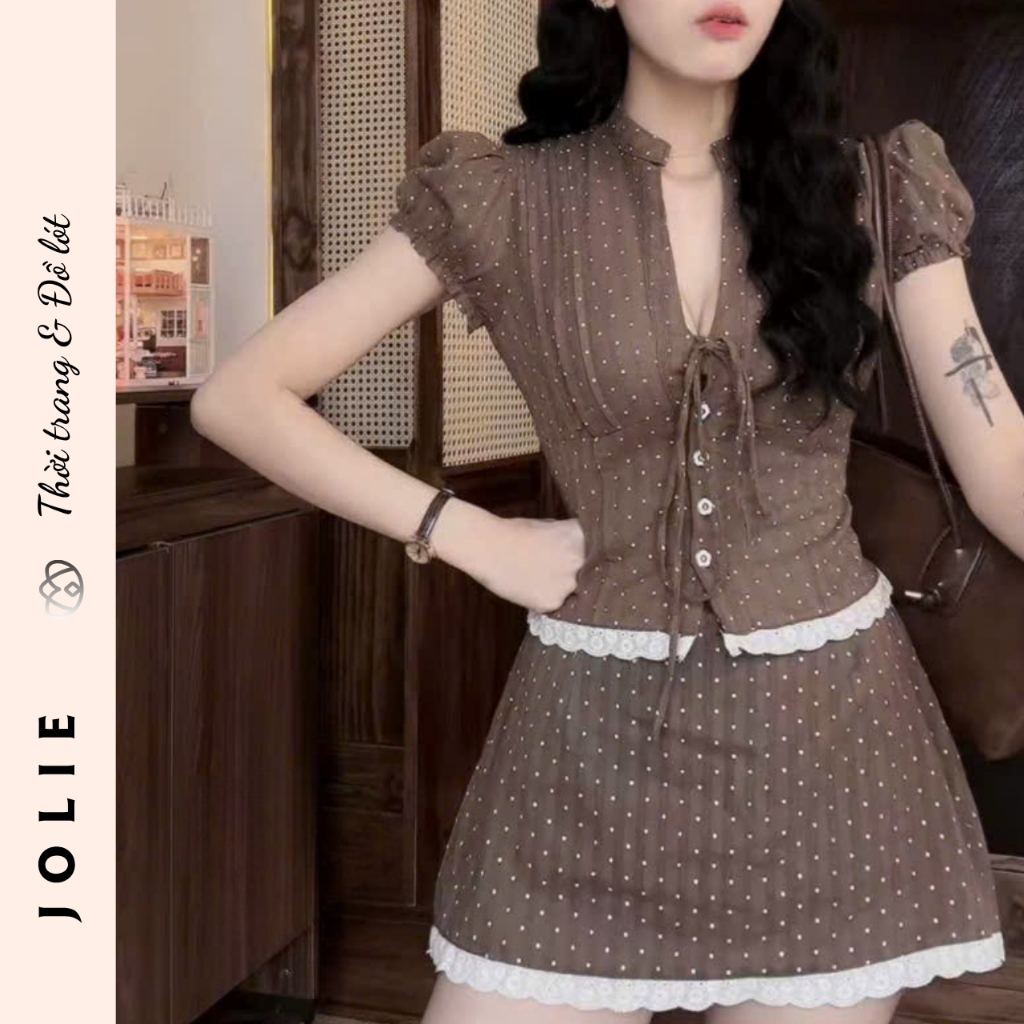 Set Đồ Jolie Áo Tay Phồng Phối Chân Váy Ngắn Xòe Xinh Xắn