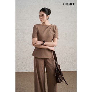 Áo Peplum Nữ Quần Suông Nâu Beige NINI Thiết Kế Charllot Công Sở Nữ Thanh Lịch Chất Chéo Hàn Ít Nhăn