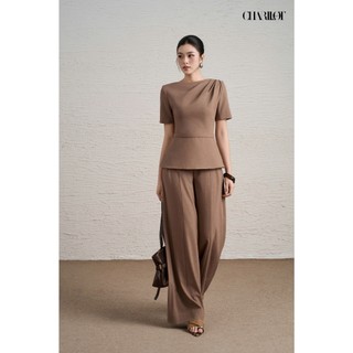 Áo Peplum Nữ Quần Suông Nâu Beige NINI Thiết Kế Charllot Công Sở Nữ Thanh Lịch Chất Chéo Hàn Ít Nhăn