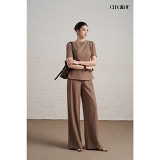 Áo Peplum Nữ Quần Suông Nâu Beige NINI Thiết Kế Charllot Công Sở Nữ Thanh Lịch Chất Chéo Hàn Ít Nhăn
