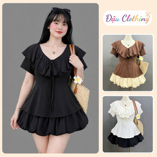 Set Áo Váy Bigsize Nữ Áo Cổ Tim Vạt Bèo Có Dây Buộc Nơ Nữ Tính Phối Chân Váy Bí Xòe A349+CV413