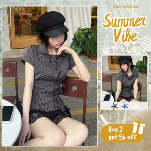 Áo sơ mi kiểu nữ Y2K kẻ sọc tăm, Áo cộc tay chiết eo thắt nơ tôn dáng vintage | KHAO BOUTIQUE