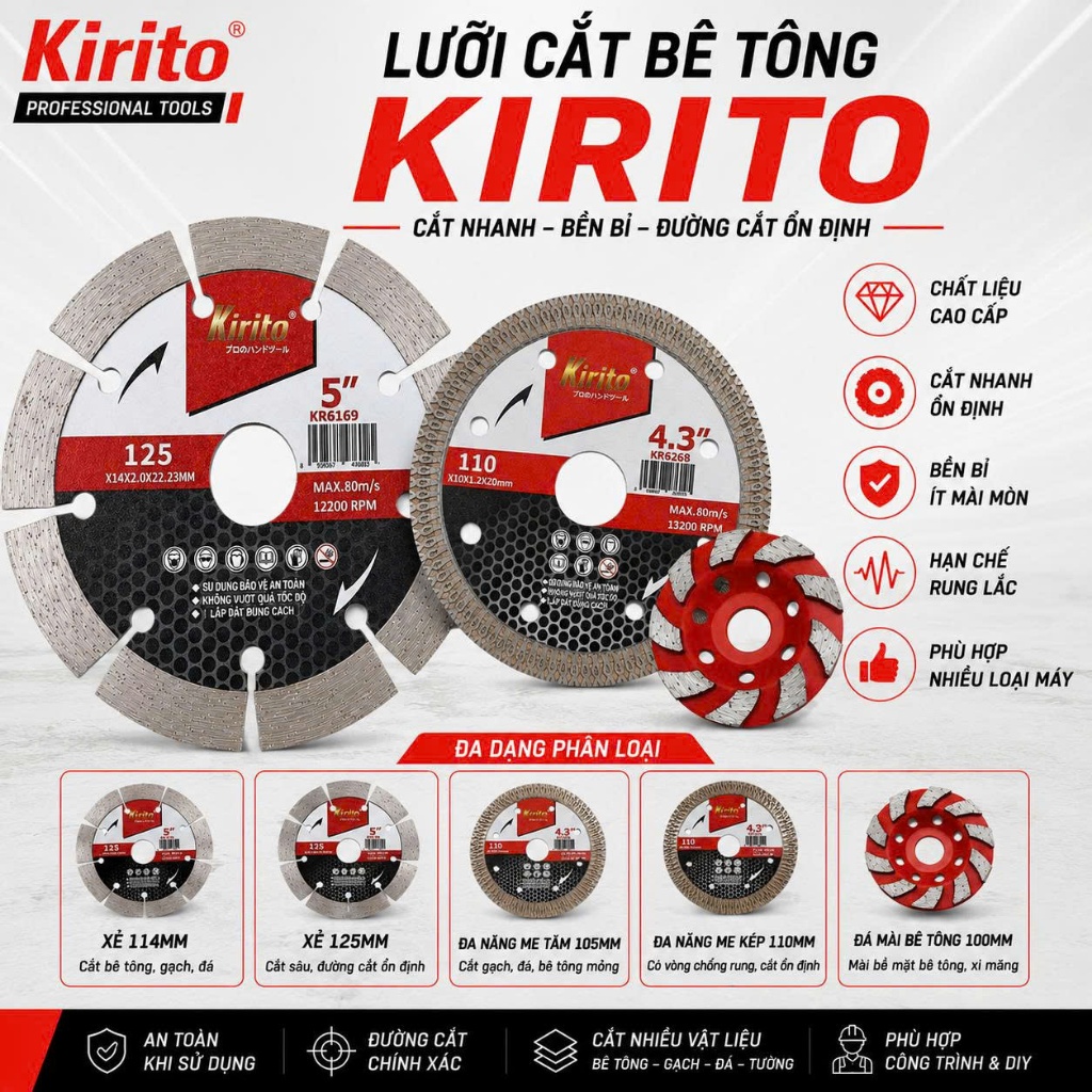 Lưỡi Cắt Bê Tông Kirito 105 110 114 125mm | Đá Cắt Gạch Đá Tường | Đá Mài Bê Tông 100mm