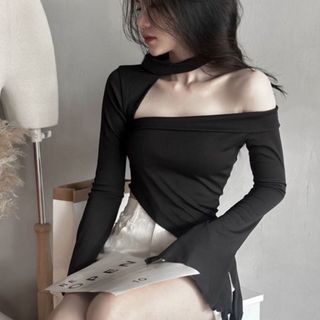 Áo lệch vai nữ dài tay thun gân xanh trắng đen hàn quốc  VANISA CT018