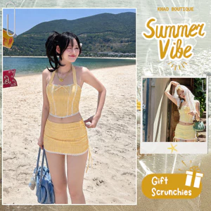 Set Bikini Không Hở KHAO BOUTIQE 3 Món Áo Corset Kèm Chân Váy Phối Quần Bơi