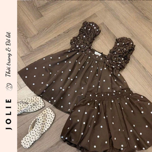 Set Đồ Jolie Áo Hai Dây Quai Bèo Phối Chân Váy Bí Chấm Bi Xinh Xắn