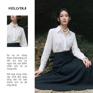 [KELLYBUI] Set bộ công sở - Sơ mi trắng đính hoa 3D và chân váy A, phong cách thời trang thanh lịch, sang trọng