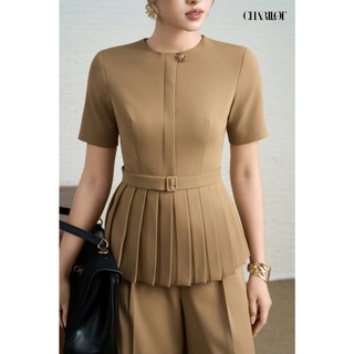 Áo Peplum Nữ Xếp Ly Quần Suông Nâu NAMI Thiết Kế Charllot Công Sở Nữ Thanh Lịch Chất Crepe Ít Nhăn