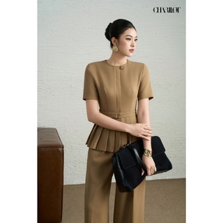 Áo Peplum Nữ Xếp Ly Quần Suông Nâu NAMI Thiết Kế Charllot Công Sở Nữ Thanh Lịch Chất Crepe Ít Nhăn