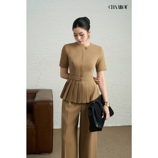 Áo Peplum Nữ Xếp Ly Quần Suông Nâu NAMI Thiết Kế Charllot Công Sở Nữ Thanh Lịch Chất Crepe Ít Nhăn