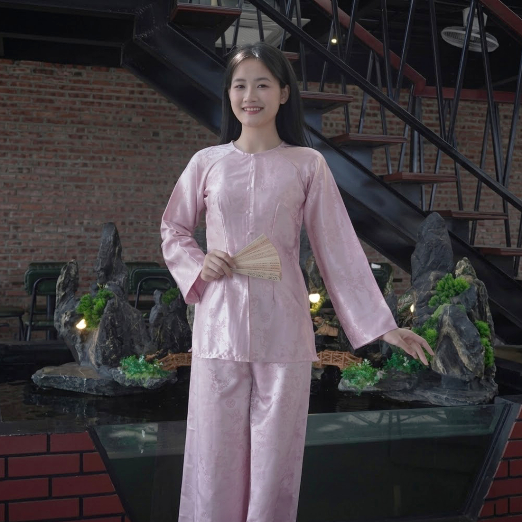 Bộ Pháp Phục Đi Lễ Chùa Nữ LICHEE Vải Lụa Gấm Cổ Tròn Tay Loe  Phong Cách Điệu Đà Sang Trọng