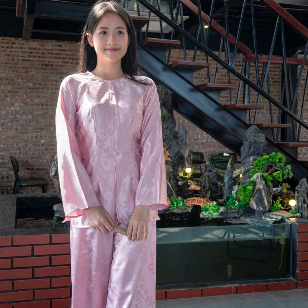 Bộ Pháp Phục Đi Lễ Chùa Nữ LICHEE Vải Lụa Gấm Cổ Tròn Tay Loe  Phong Cách Điệu Đà Sang Trọng