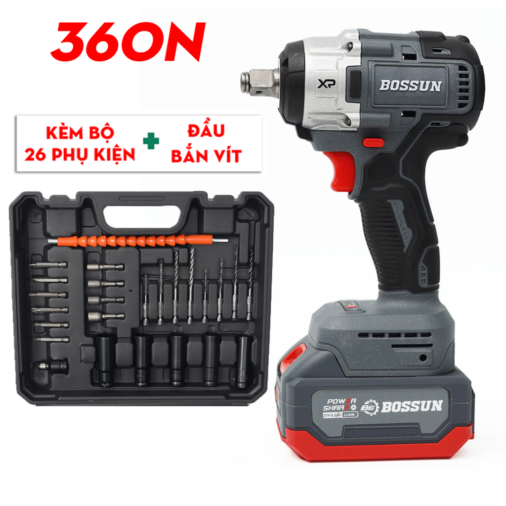 Máy Siết Bulong Pin BOSSUN BS-IW360NCP 21V – Động Cơ Brushless, Lực Siết 360Nm, 3 Cấp Tốc Độ, Kèm 26 Phụ Kiện
