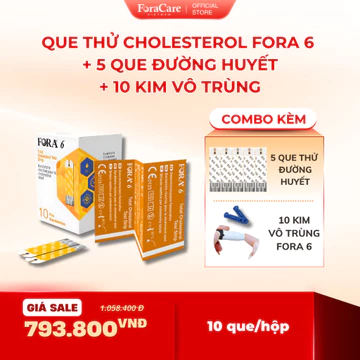 [ForaCare] Que Thử Mỡ Máu Cholesterol FORA 6 (10 Que/ Hộp) Tặng 5 Que Thử Đường Huyết + 10 Kim Vô Trùng