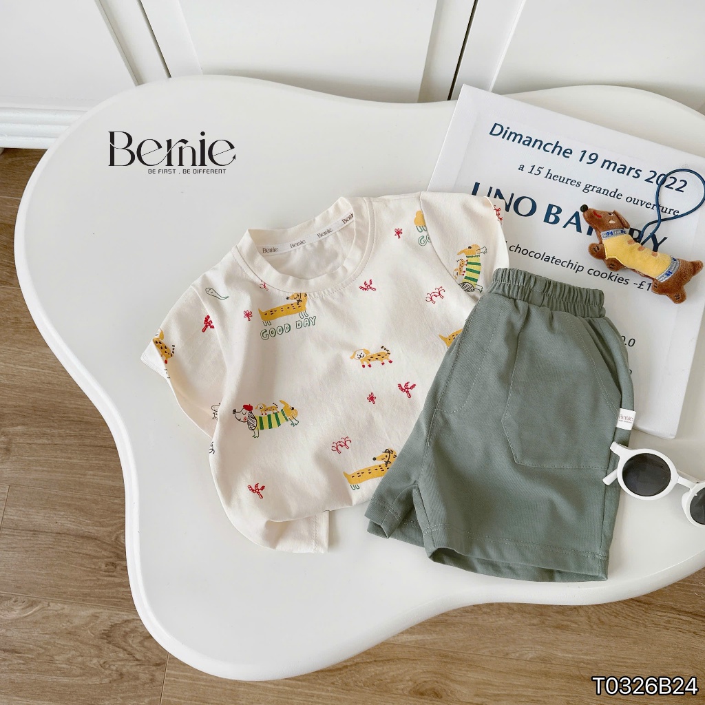 (Hãng Bernie)Bộ quần áo cộc tay hoạ tiết PUPPY GOOD, chất vải cotton co giãn kèm quần short mềm mại cho bé trai đi học