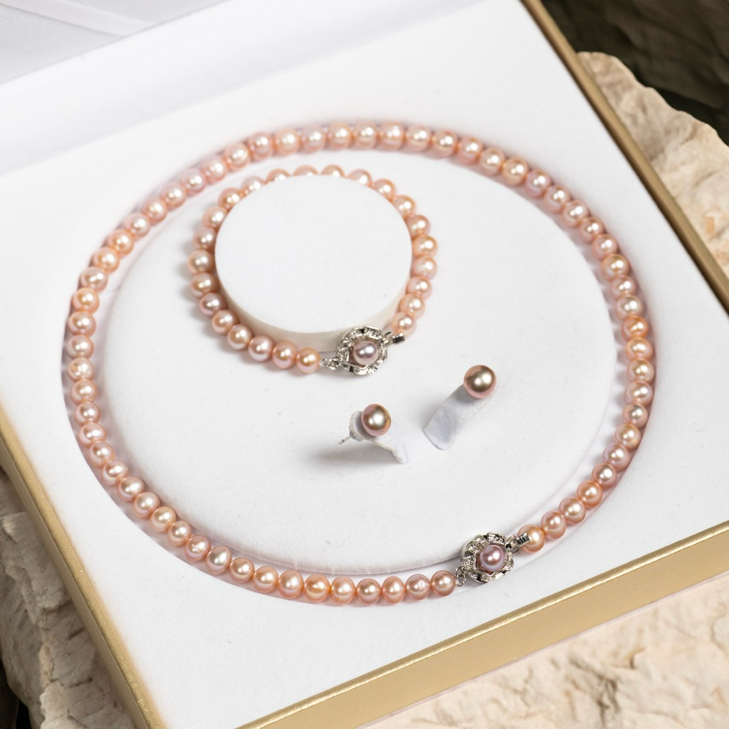 Bộ Trang Sức Ngọc Trai Màu Hồng Tím 3 Món size 7ly hạt rằn Sang Trọng Dự Tiệc Hoặc Làm Quà Tặng - Ngọc Trai Trường Thịnh