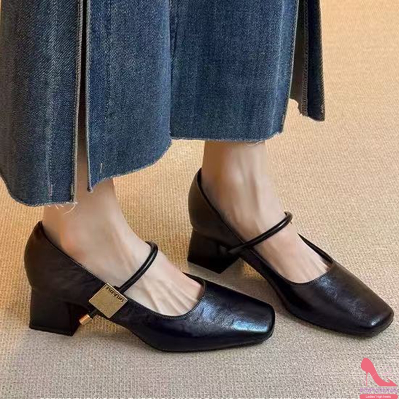 [PY] Giày Mary Jane nữ đầu vuông gót thô kiểu Pháp cổ điển giày đi làm thanh lịch 2 màu đen nâu