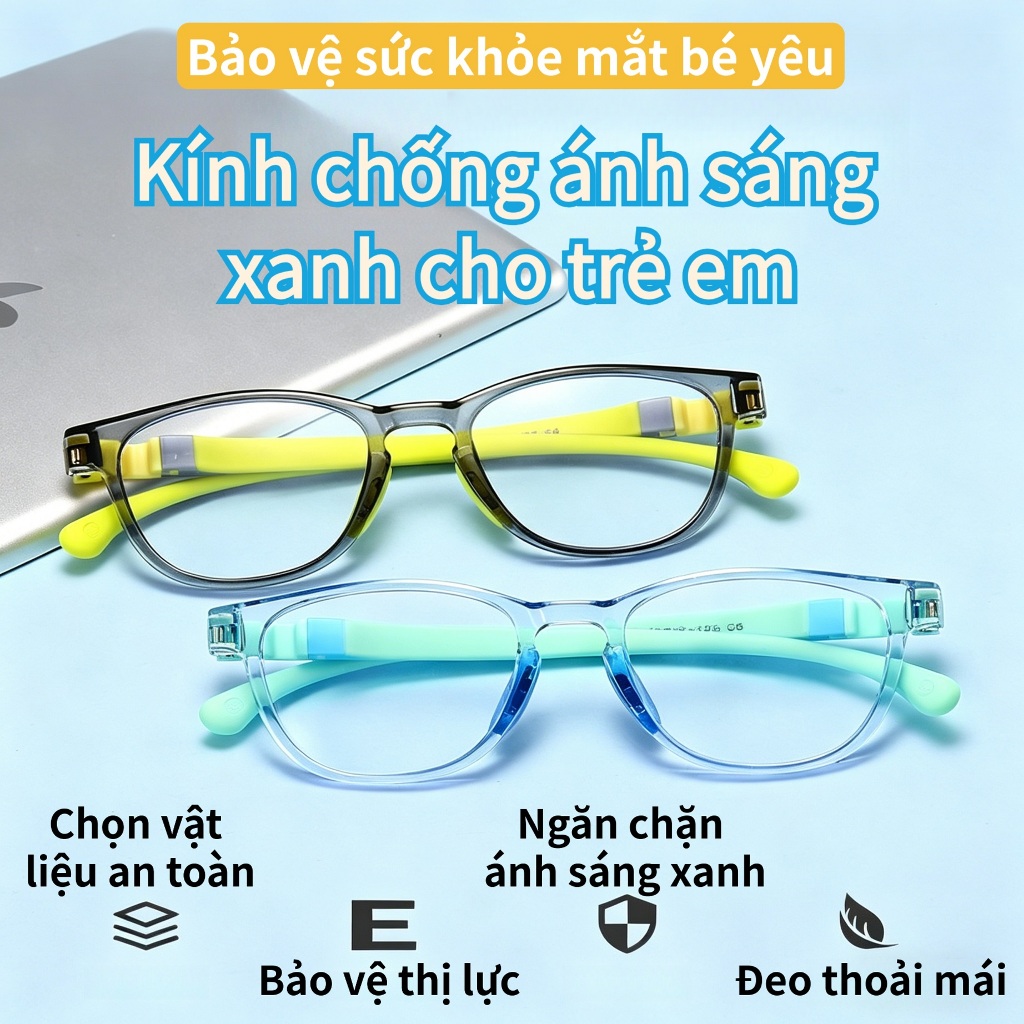 Kính chống ánh sáng xanh cho trẻ em, khung TR mềm nhẹ 13g, đệm mũi silicone mềm, chân kính tháo rời vệ sinh dễ, nhiều mà