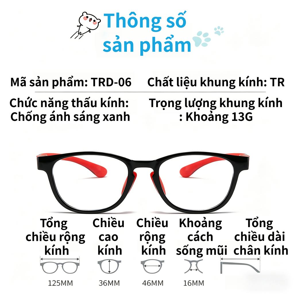 Kính chống ánh sáng xanh cho trẻ em, khung TR mềm nhẹ 13g, đệm mũi silicone mềm, chân kính tháo rời vệ sinh dễ, nhiều mà