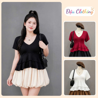 Áo Thun Kiểu Bigsize Nữ Áo Cổ V Dáng Peplum Vạt Xòe Bèo Che Bụng Cho Chubby A348