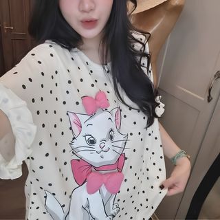 Set Quần Áo Nữ Chấm Bi Lilicat In Hình Mèo Chất Cotton Viền Bèo Form Rộng Phong Cách Hàn Quốc