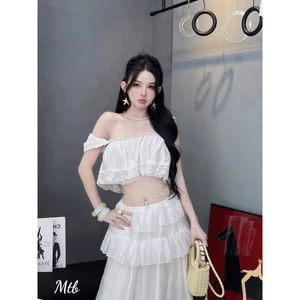 Set áo 2 dây croptop phối chân váy dài tầng bèo Set đồ nữ mặc đi biển du lịch