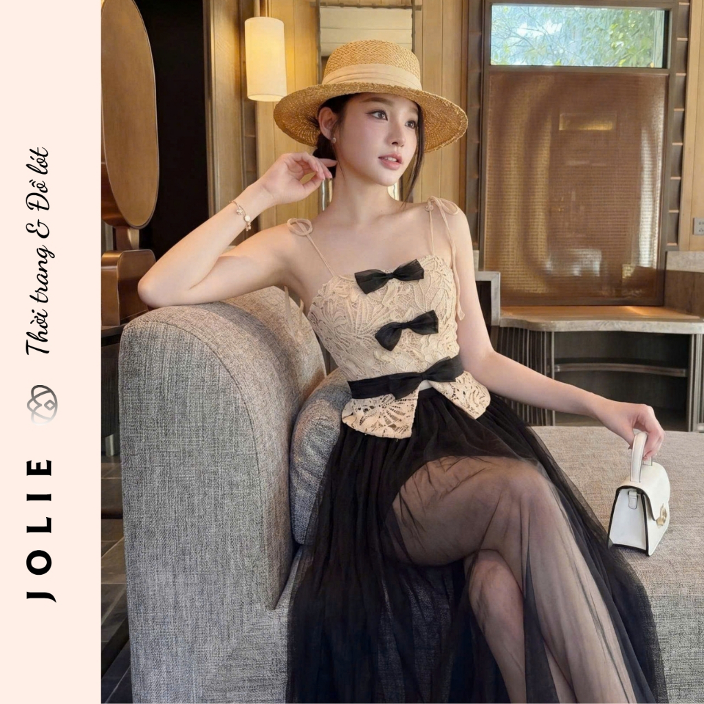 Set Áo Hai Dây Kèm Váy Jolie Ren Thêu Phối Nơ Đen Dáng Peplum Sang Chảnh