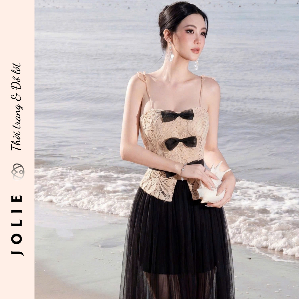 Set Áo Hai Dây Kèm Váy Jolie Ren Thêu Phối Nơ Đen Dáng Peplum Sang Chảnh
