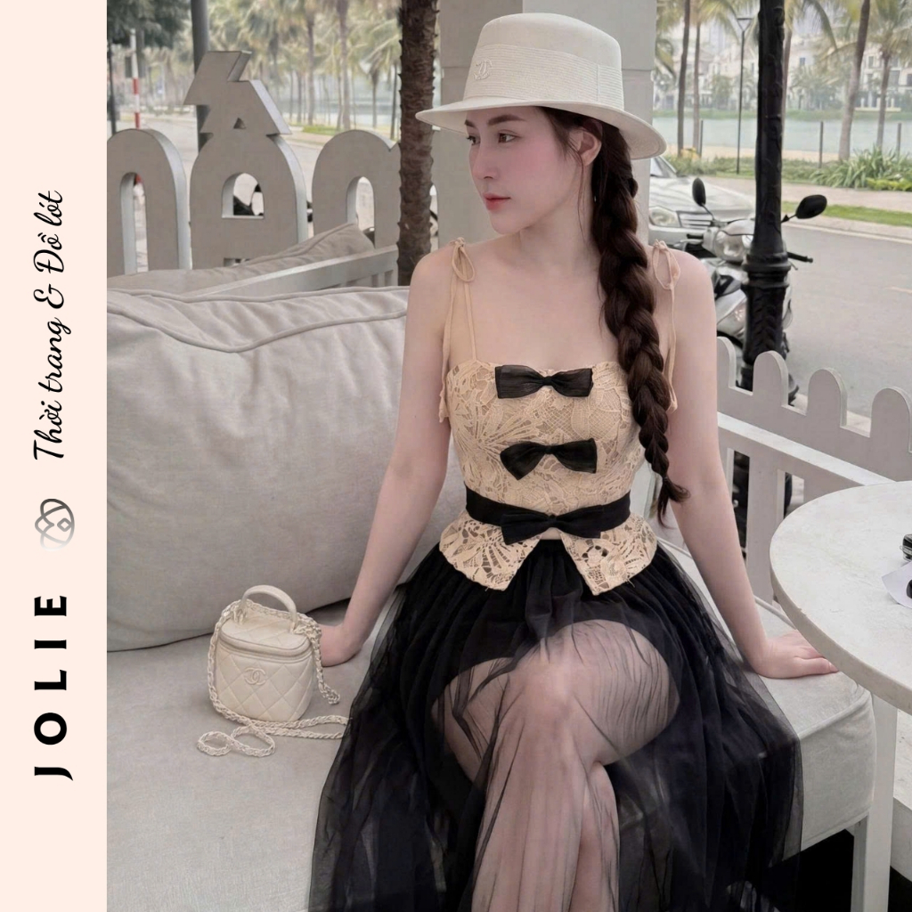 Set Áo Hai Dây Kèm Váy Jolie Ren Thêu Phối Nơ Đen Dáng Peplum Sang Chảnh