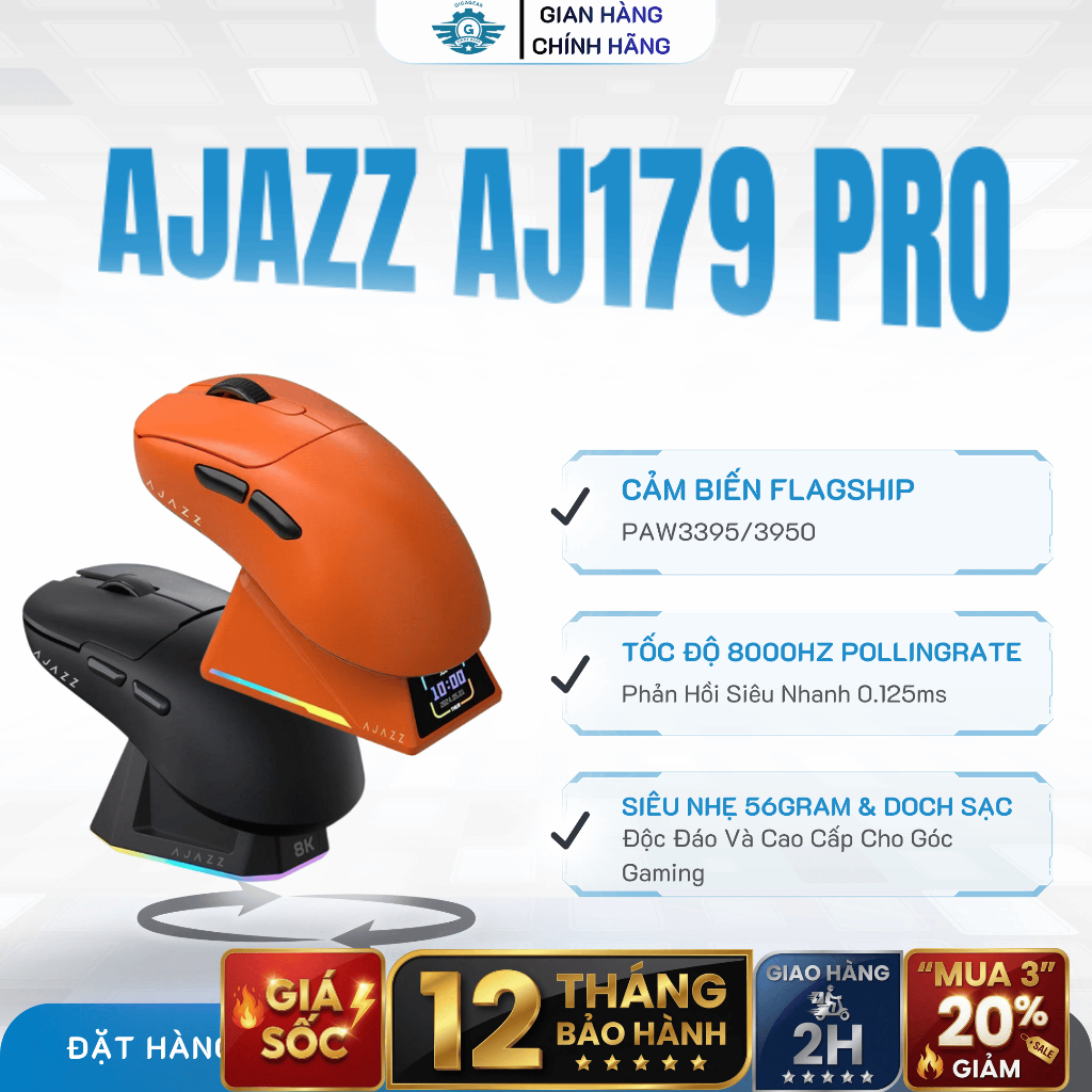 [⚡Cực Khủng] Chuột Không Dây Ajazz AJ179 Pro, Cảm Biến Paw3395, Switch Huano, 26000DPI, Dock Sạc RGB | BigBuy360 - bigbuy360.vn