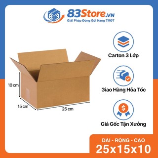 Combo 50 Hộp Carton 25x15x10cm 3 Lớp Sóng C - Thùng Carton 83Store Đóng Hàng Cứng Cáp, Mỹ Phẩm, Phụ Kiện.