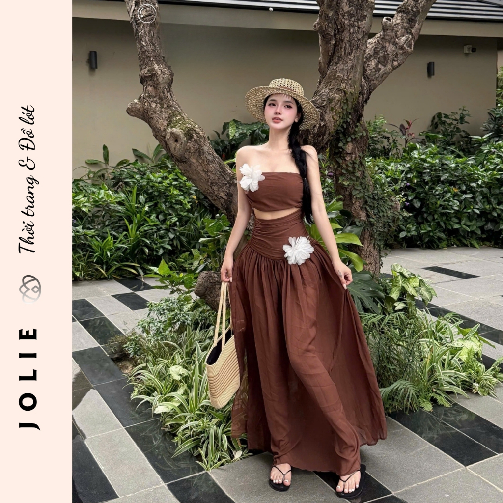 Set Váy Jolie Cúp Ngực Phối Hoa Nổi Dáng Dài Xẻ Tà Sang Chảnh