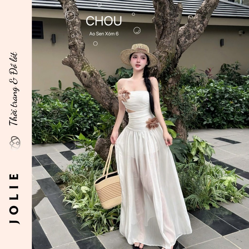 Set Váy Jolie Cúp Ngực Phối Hoa Nổi Dáng Dài Xẻ Tà Sang Chảnh