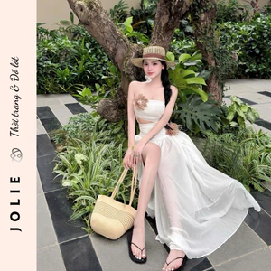Set Váy Jolie Cúp Ngực Phối Hoa Nổi Dáng Dài Xẻ Tà Sang Chảnh