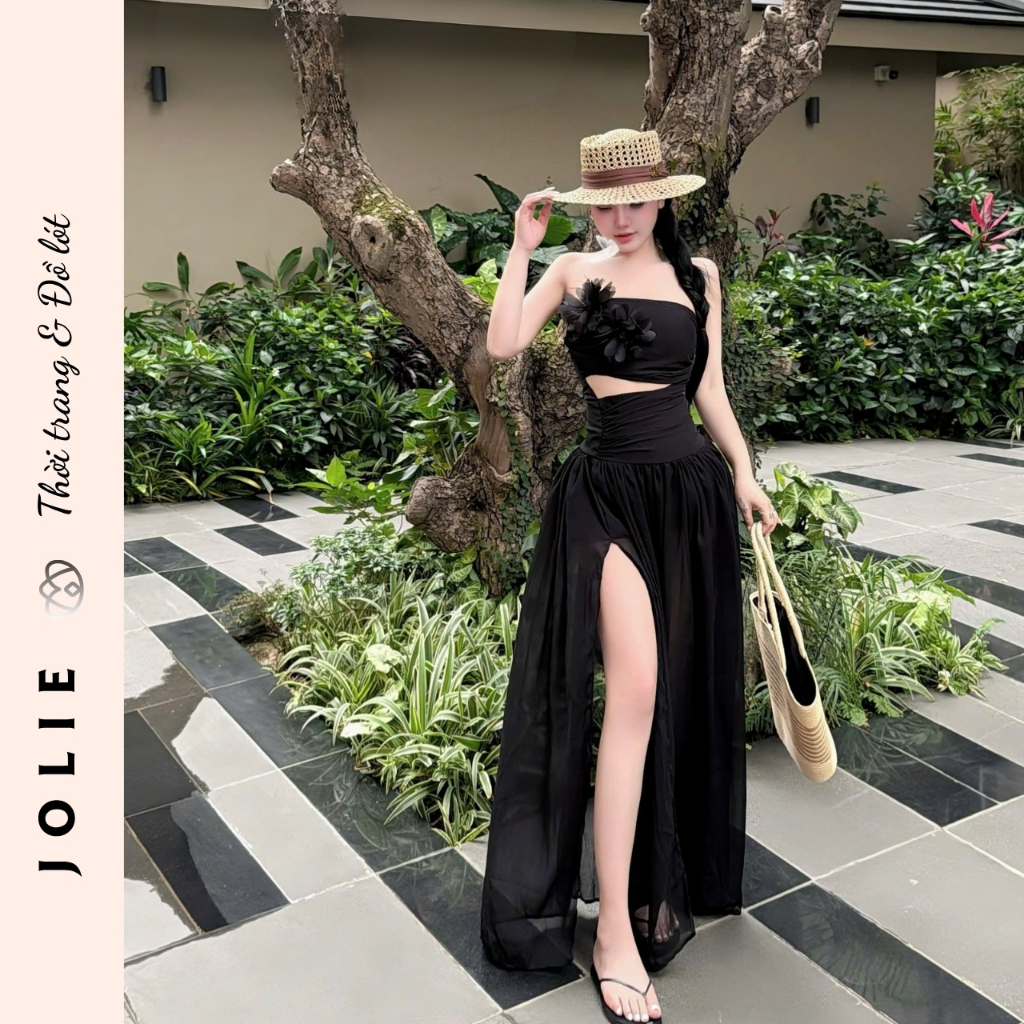 Set Váy Jolie Cúp Ngực Phối Hoa Nổi Dáng Dài Xẻ Tà Sang Chảnh