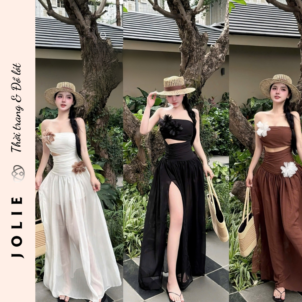 Set Váy Jolie Cúp Ngực Phối Hoa Nổi Dáng Dài Xẻ Tà Sang Chảnh