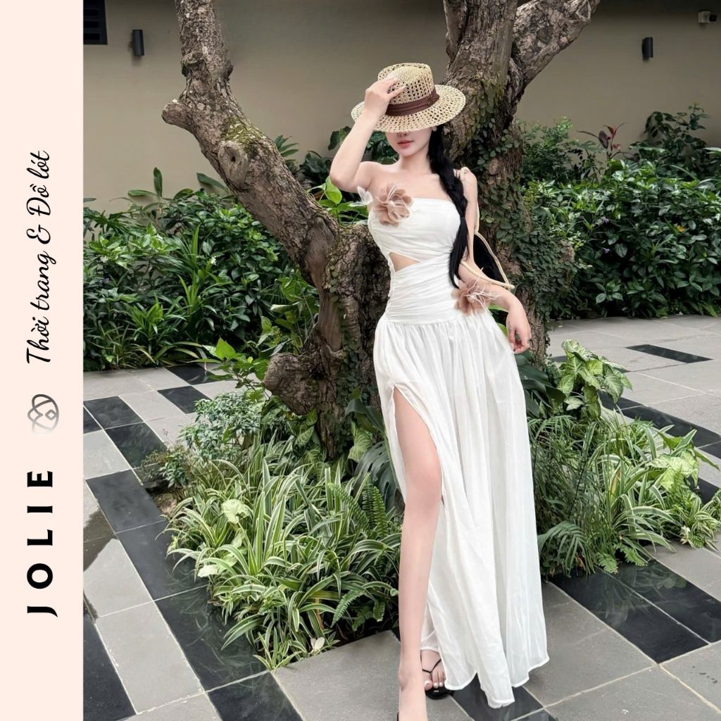 Set Váy Jolie Cúp Ngực Phối Hoa Nổi Dáng Dài Xẻ Tà Sang Chảnh