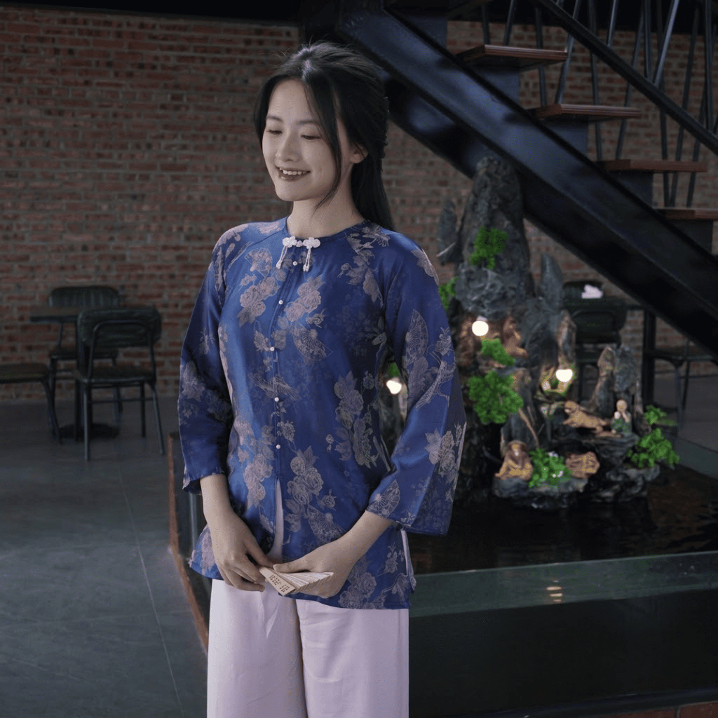 Bộ Đồ Lam Đi Lễ Chùa Nữ LICHEE Chất Gấm Hoa Sang Trọng Họa Tiết Hoa Chìm Tròn Tay Lỡ Thời Trang